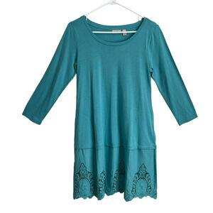 LOGO by Lori Goldstein Lace Hem Tunic Tee Aqua Stone A395434 Size XS New Boho
